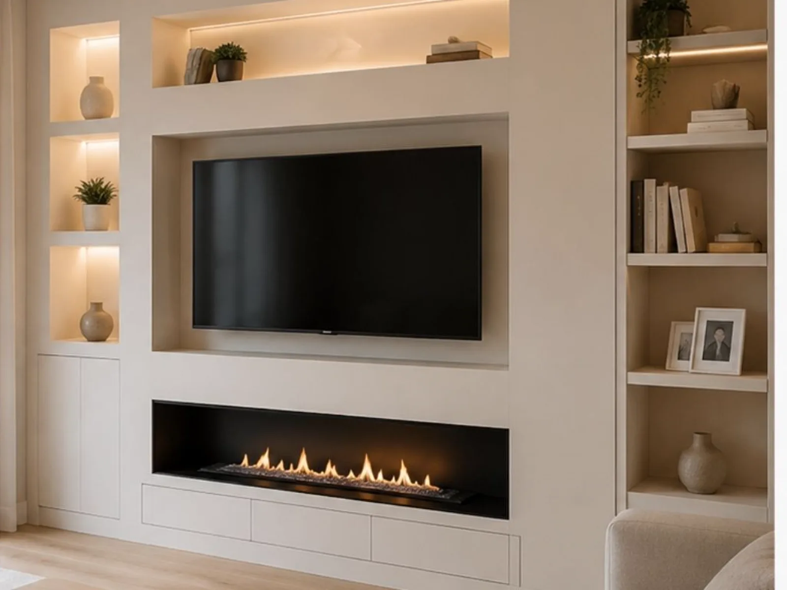 Mueble de salón a medida en pladur con hornacinas iluminadas y chimenea integrada